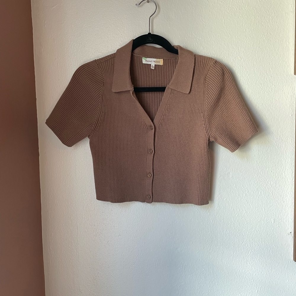 Brown/Mauve Cropped Ribbed Short Sleeve Top